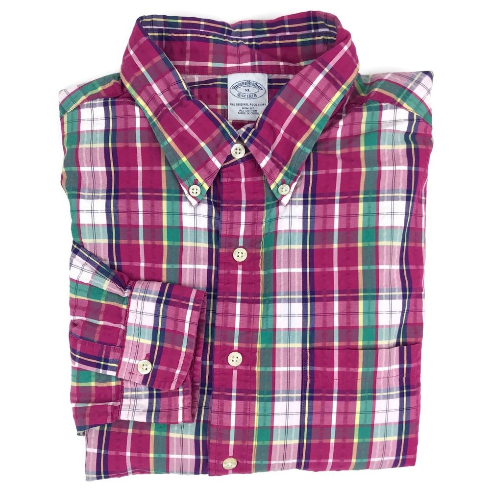 Brooks Brothers Slim Fit Seersucker Plaid Shirt XL